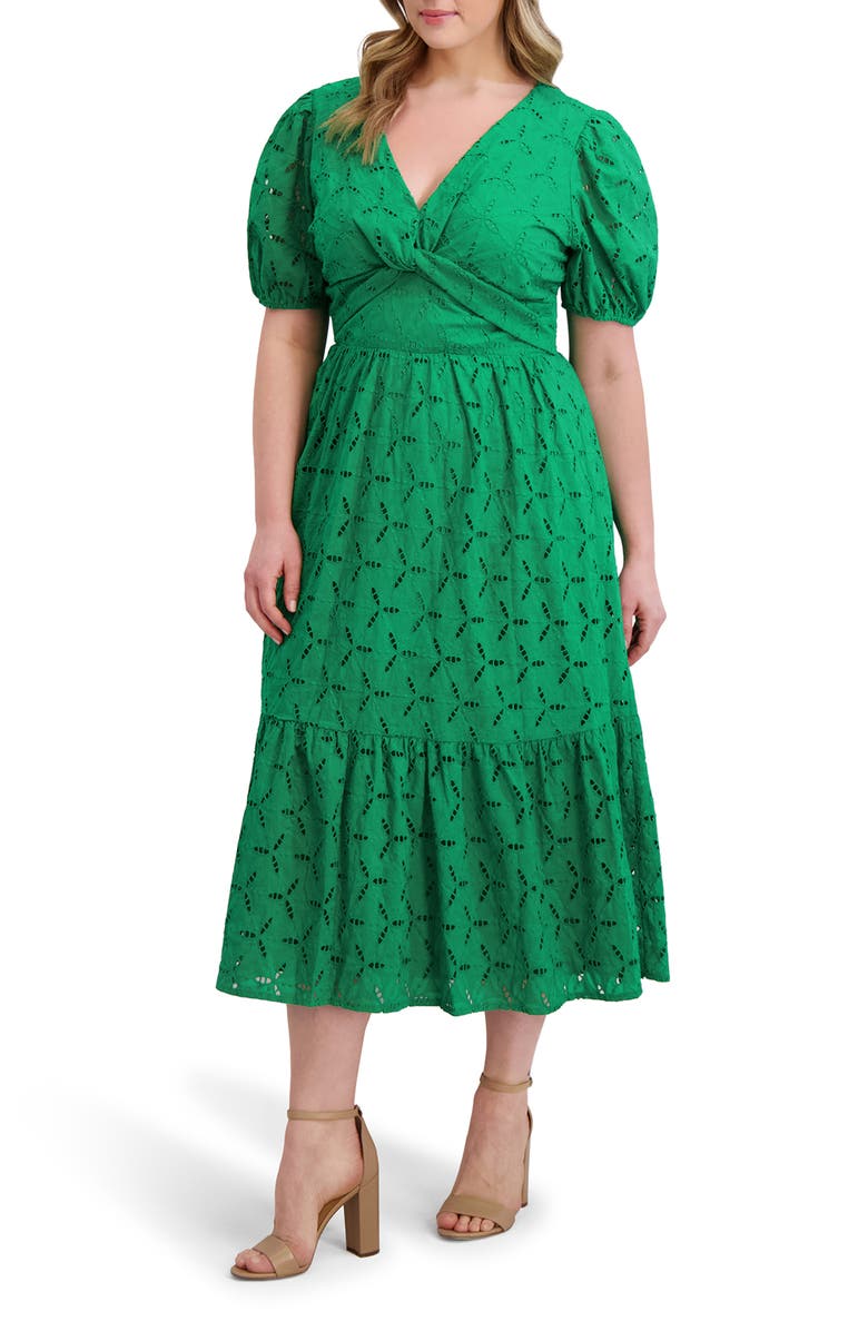 Kensie Cotton Eyelet Midi Dress, Alternate, color, Trp Green