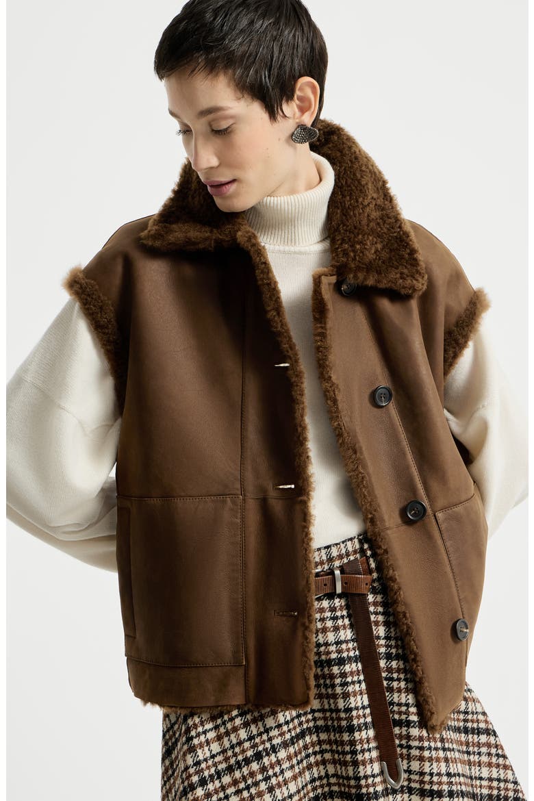 Fuzzy shearling reversible vest with monili, Alternate, color, Chocolate