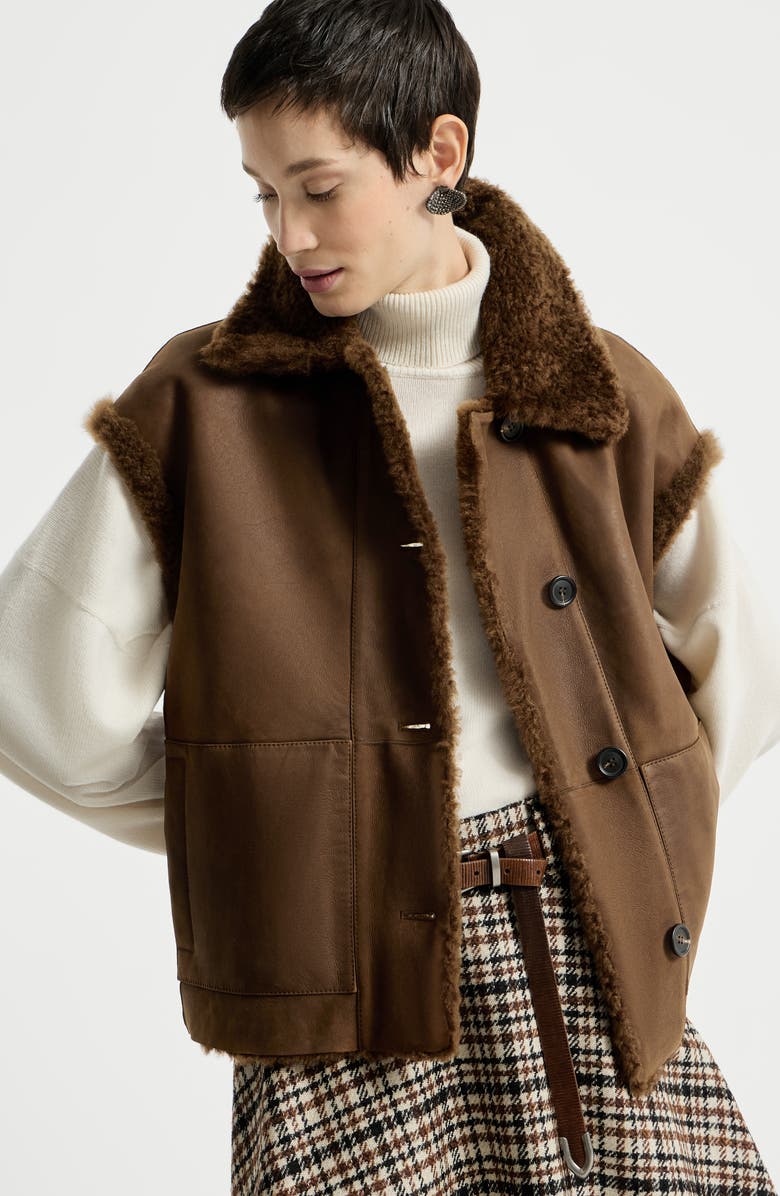 Brunello Cucinelli Shearling reversible vest, Alternate, color, Chocolate