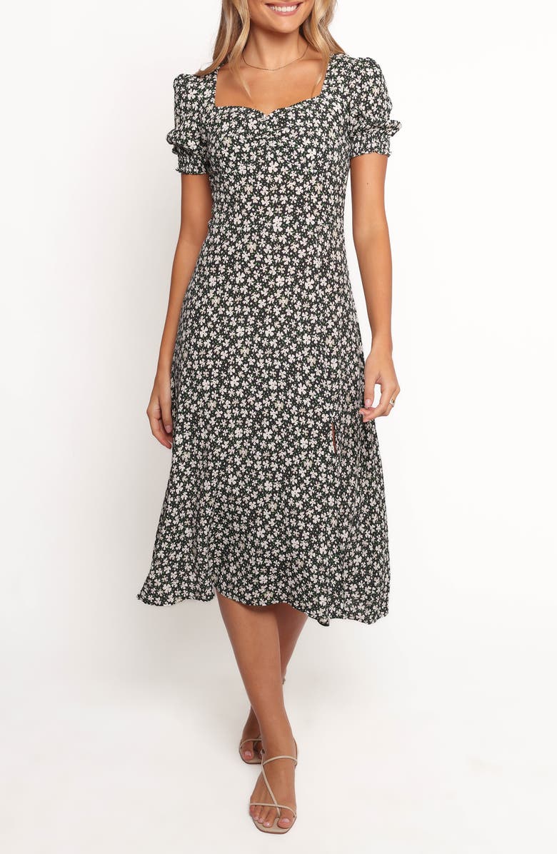Petal & Pup Franklin Floral Puff Sleeve Midi Dress, Main, color, Black Floral