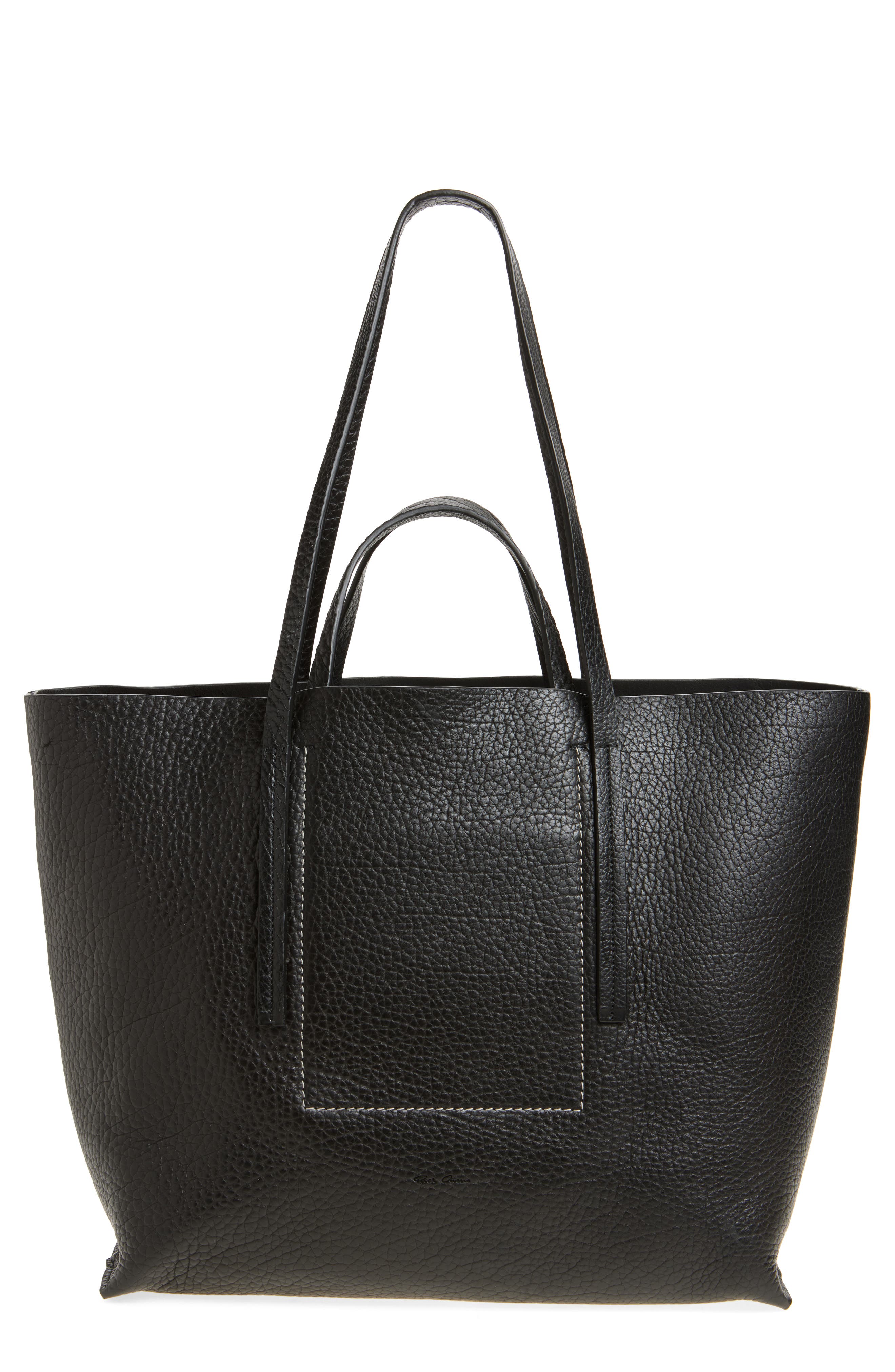 Rick Owens Hollywood Grained Leather Shopper, Main, color, Black