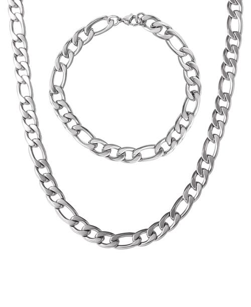 Lucky Brand Stainless Steel Figaro Chain & Bracelet Set