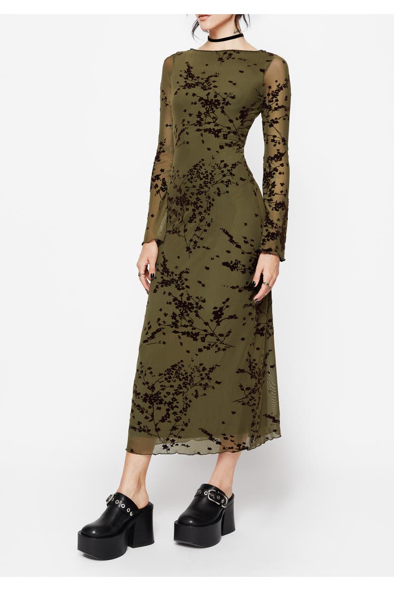 Jael Flocked Devoré Midi Dress, Alternate, color, Green