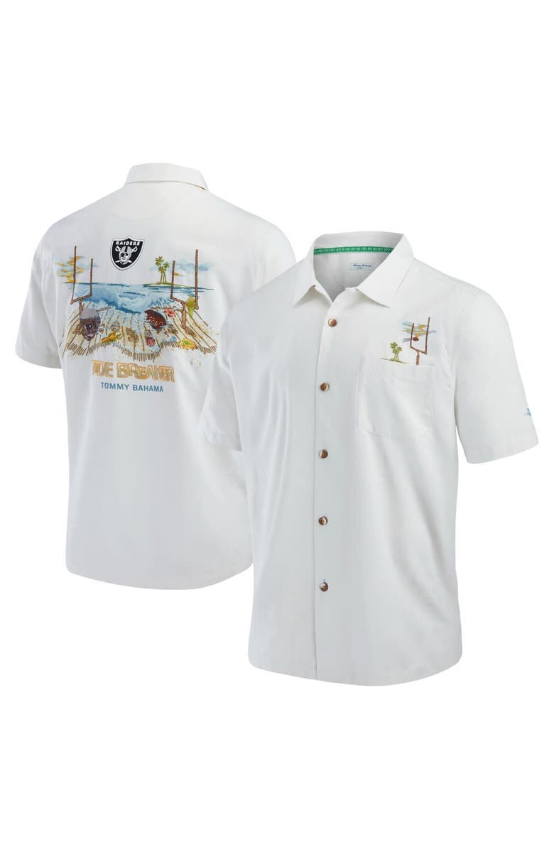 Tommy Bahama Men's Tommy Bahama White Las Vegas Raiders Tide Breaker IslandZone Camp Button-Up Shirt, Main, color,