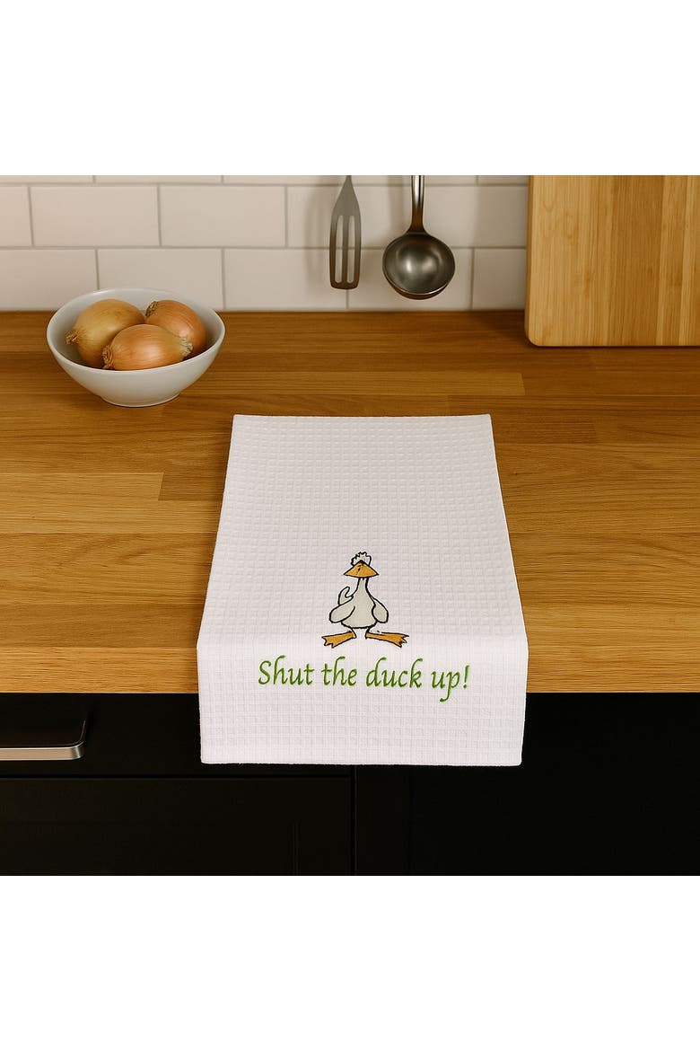 Shut the Duck Up! Waffle Weave Cotton Kitchen Towel, Alternate, color, White