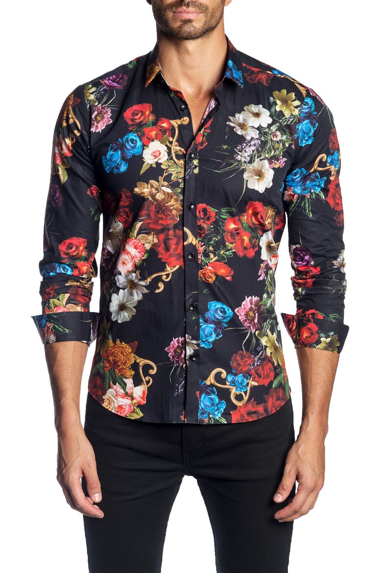 Trim Fit Floral Print Shirt, Main, color, BLACK FLORAL PRINT