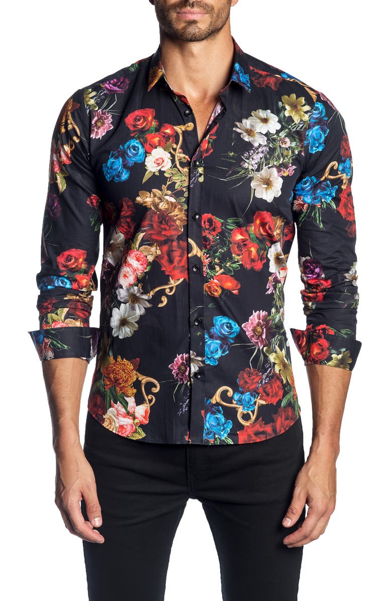 Jared Lang Trim Fit Floral Print Shirt, Main, color, 