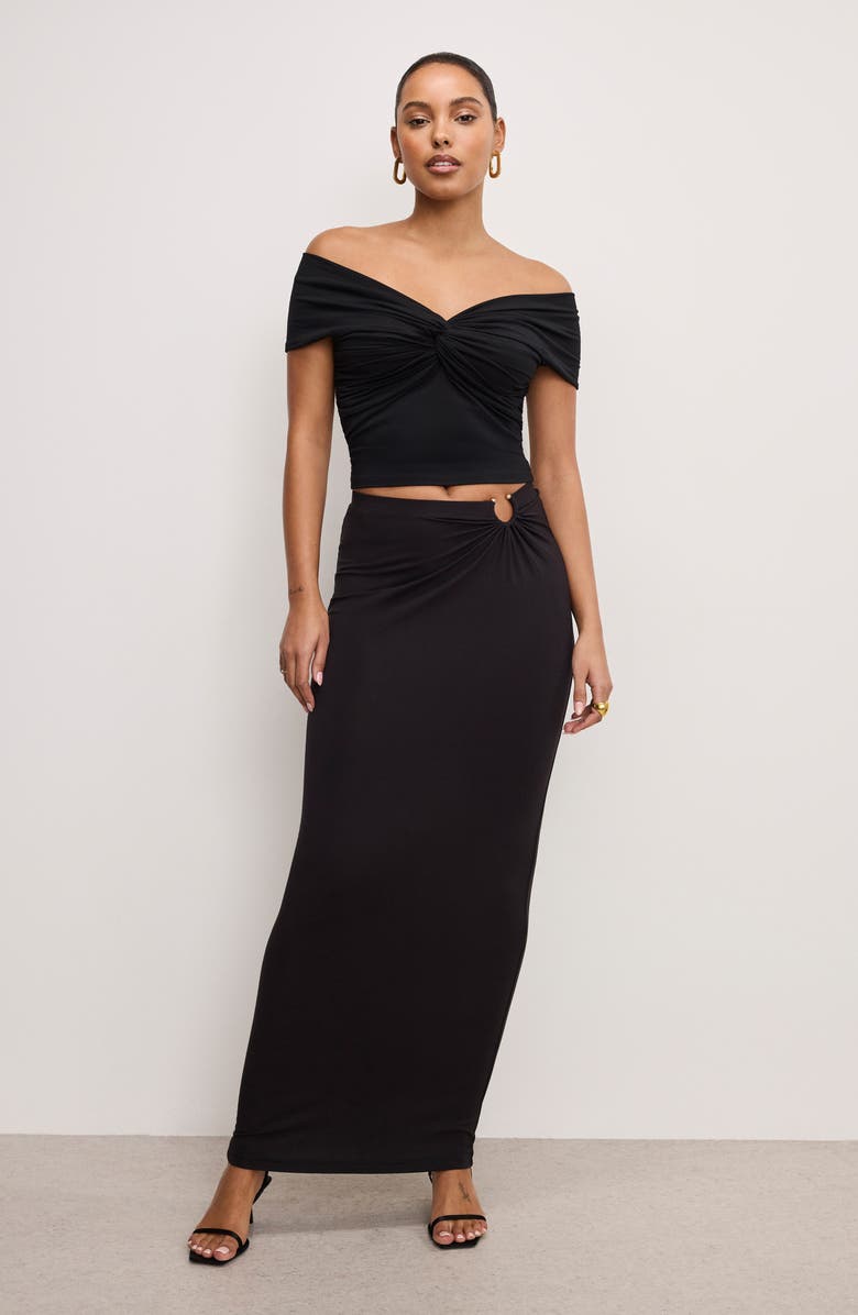 Good American Off the Shoulder Twist Jersey Crop Top, Alternate, color, Black001