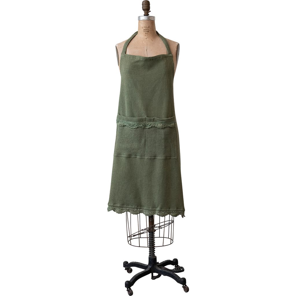 Storied Home Waffle Weave Cotton Apron With Crochet Lace Trim, Green