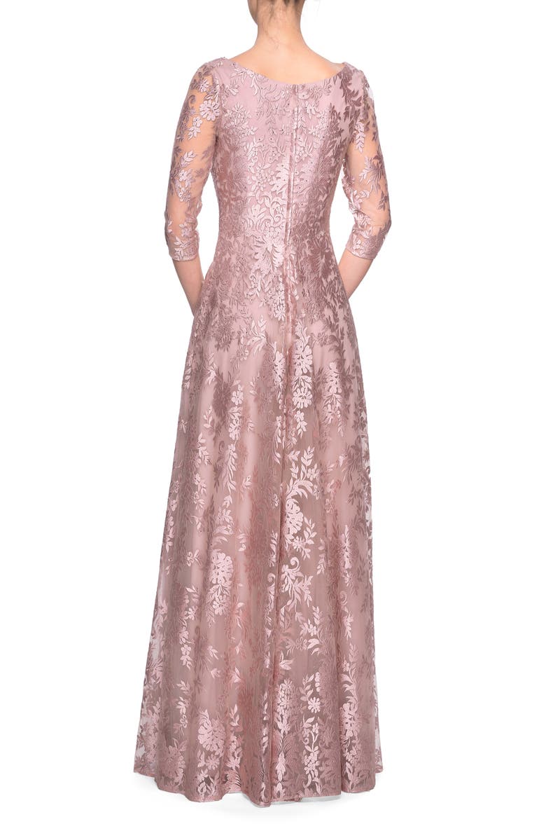 La Femme Floral Embroidered A-Line Gown, Alternate, color, 