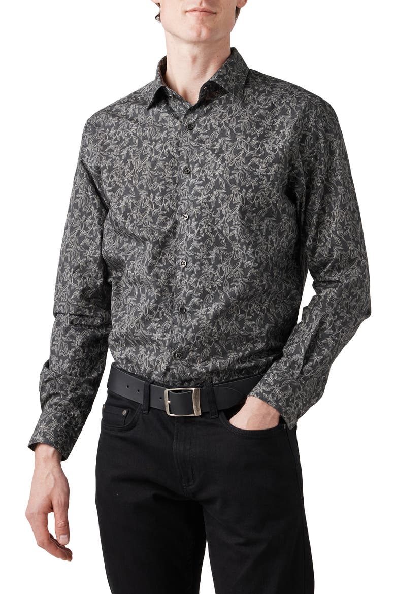 Forest Park Trim Fit Vine Print Cotton Button-Up Shirt, Main, color, MIDNIGHT