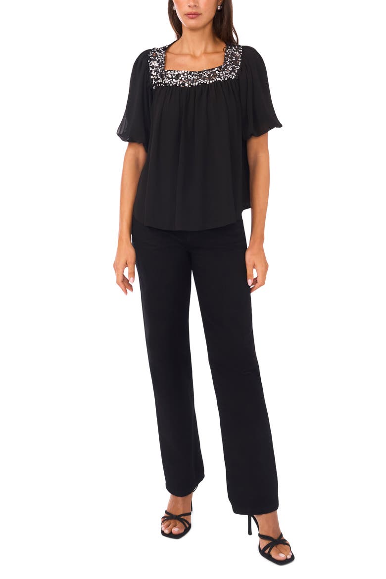Sequin Trim Puff Sleeve Top, Alternate, color, RICH BLACK