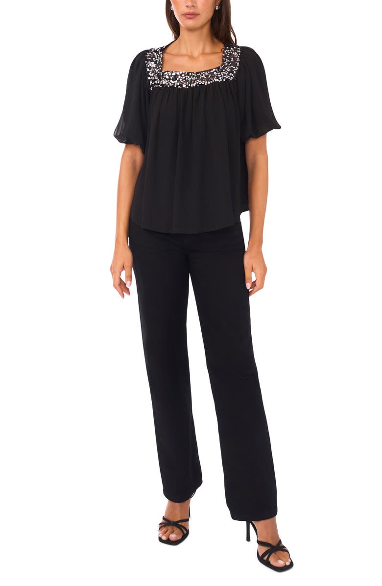 Vince Camuto Sequin Trim Puff Sleeve Top, Alternate, color, Rich Black
