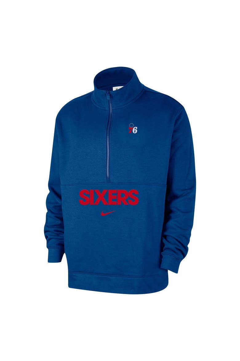 Men's Nike Blue Philadelphia 76ers Courtside Club Half-Zip Jacket, Alternate, color, Blue