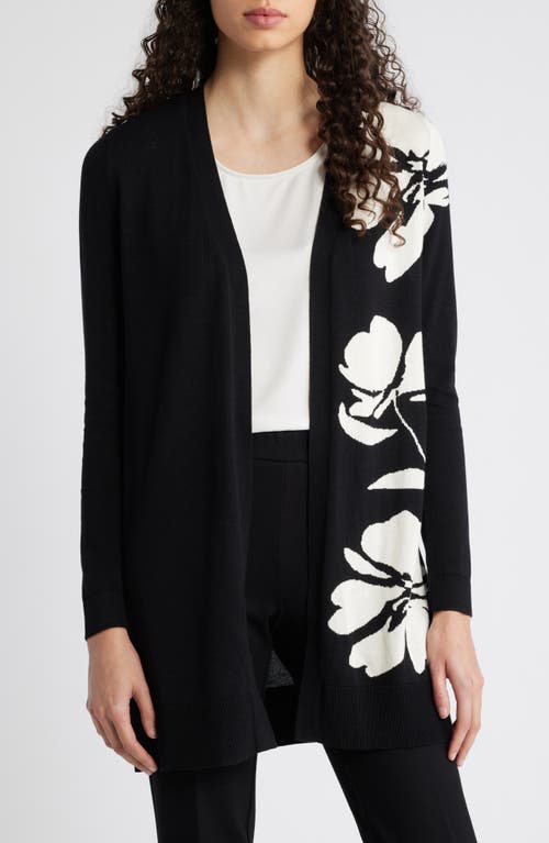 Anne Klein Floral Intarsia Open Front Longline Cardigan in Anne Black/Anne White 