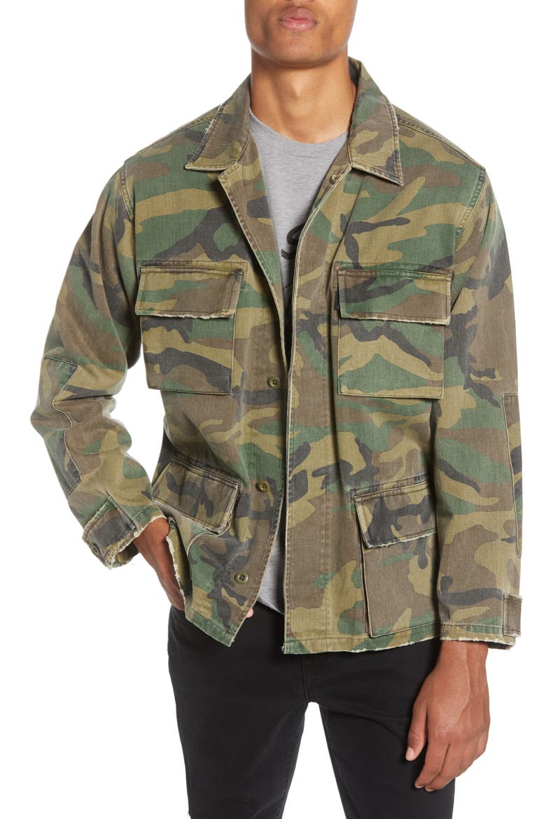 Distressed Band Collar Trucker Jacket, Main, color, CAMOUFLAGE
