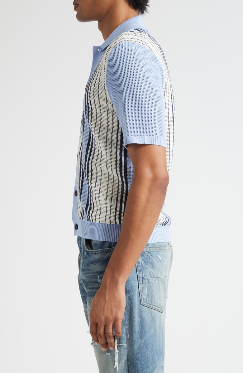 AMIRI Script Logo Embroidered Stripe Short Sleeve Cardigan, Alternate, color, Ashley Blue