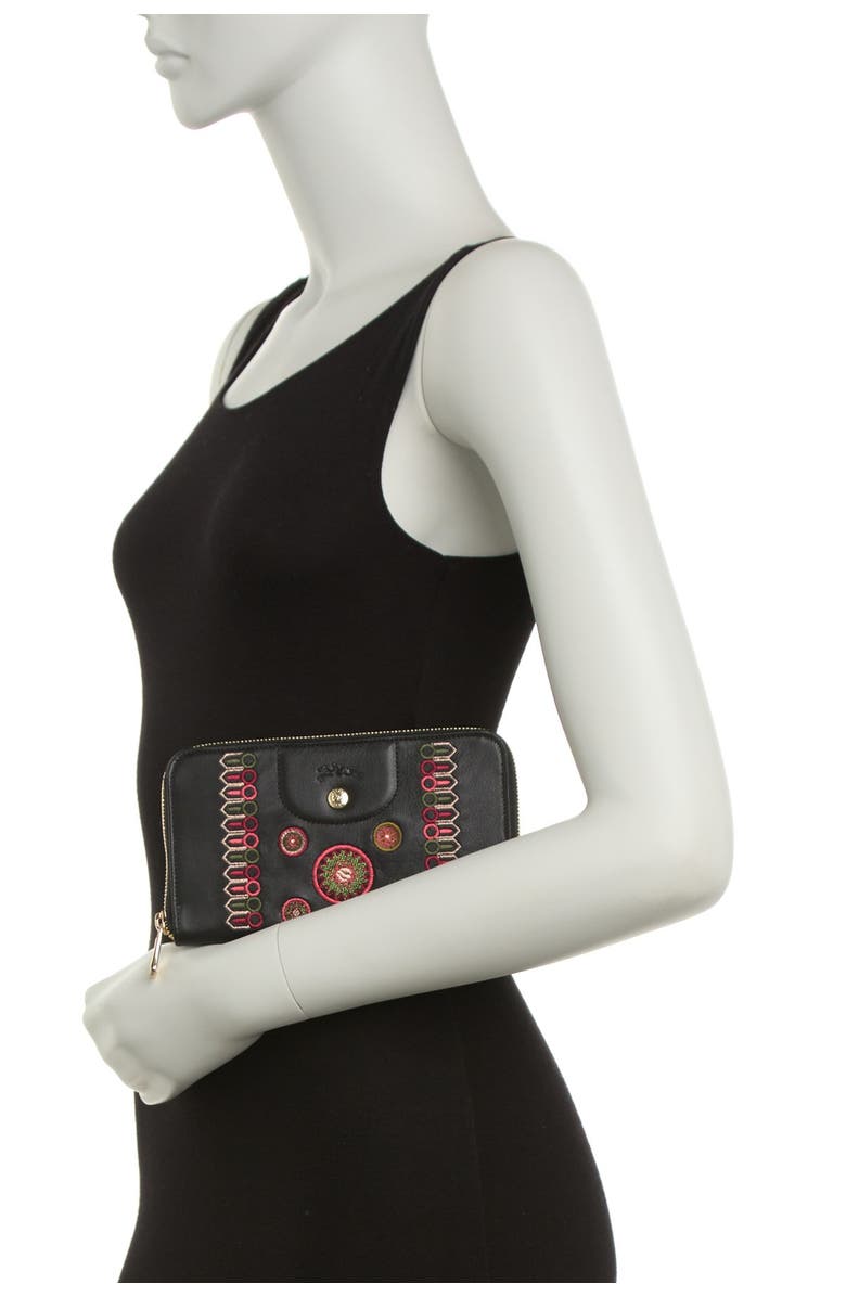 Longchamp Embroidered Leather Zip Around Wallet, Alternate, color, Blk/Fg/Khk