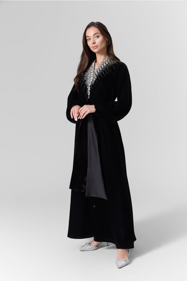 Luna Velvet Embellished Belted Dress, Alternate, color, Black