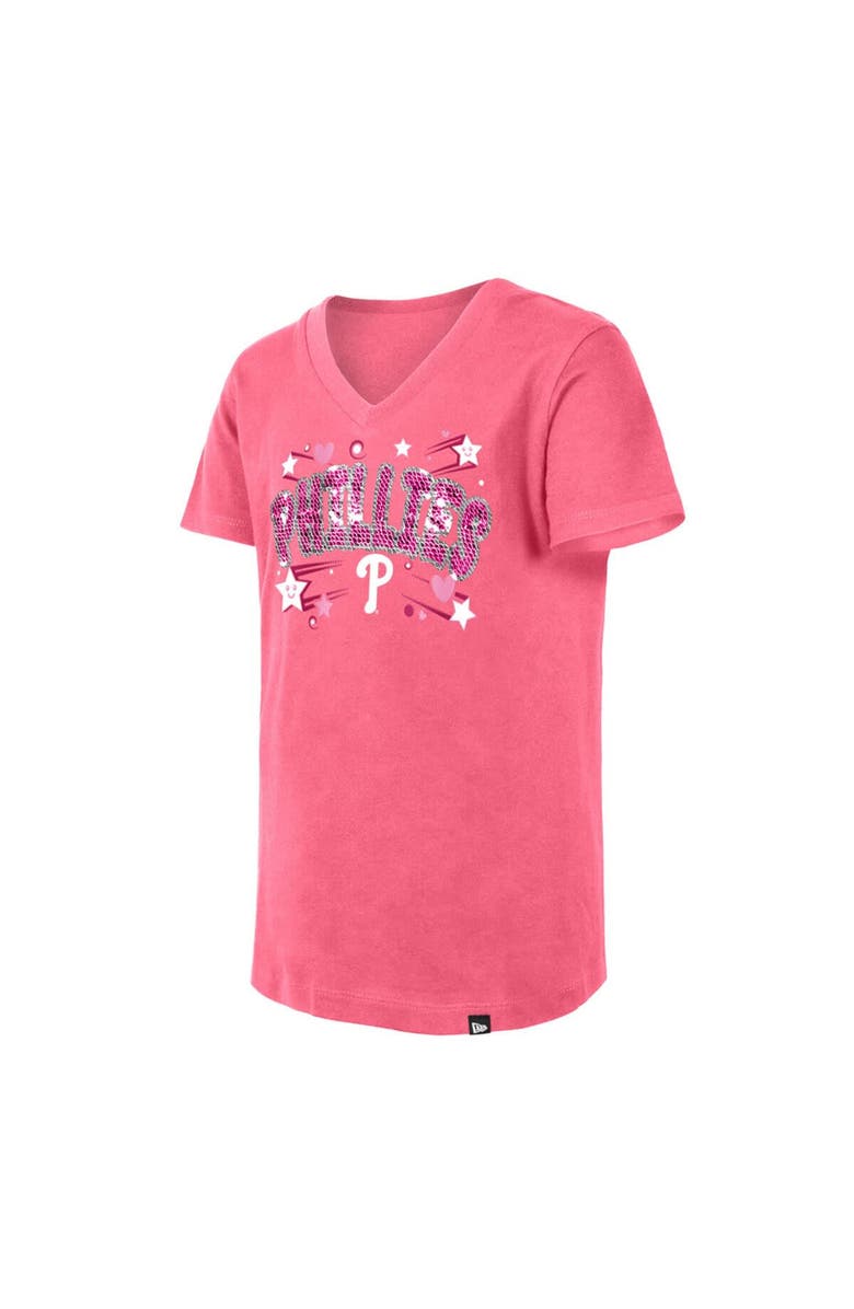 New Era Girls Youth New Era Pink Philadelphia Phillies Sequin V-Neck T-Shirt, Alternate, color, 