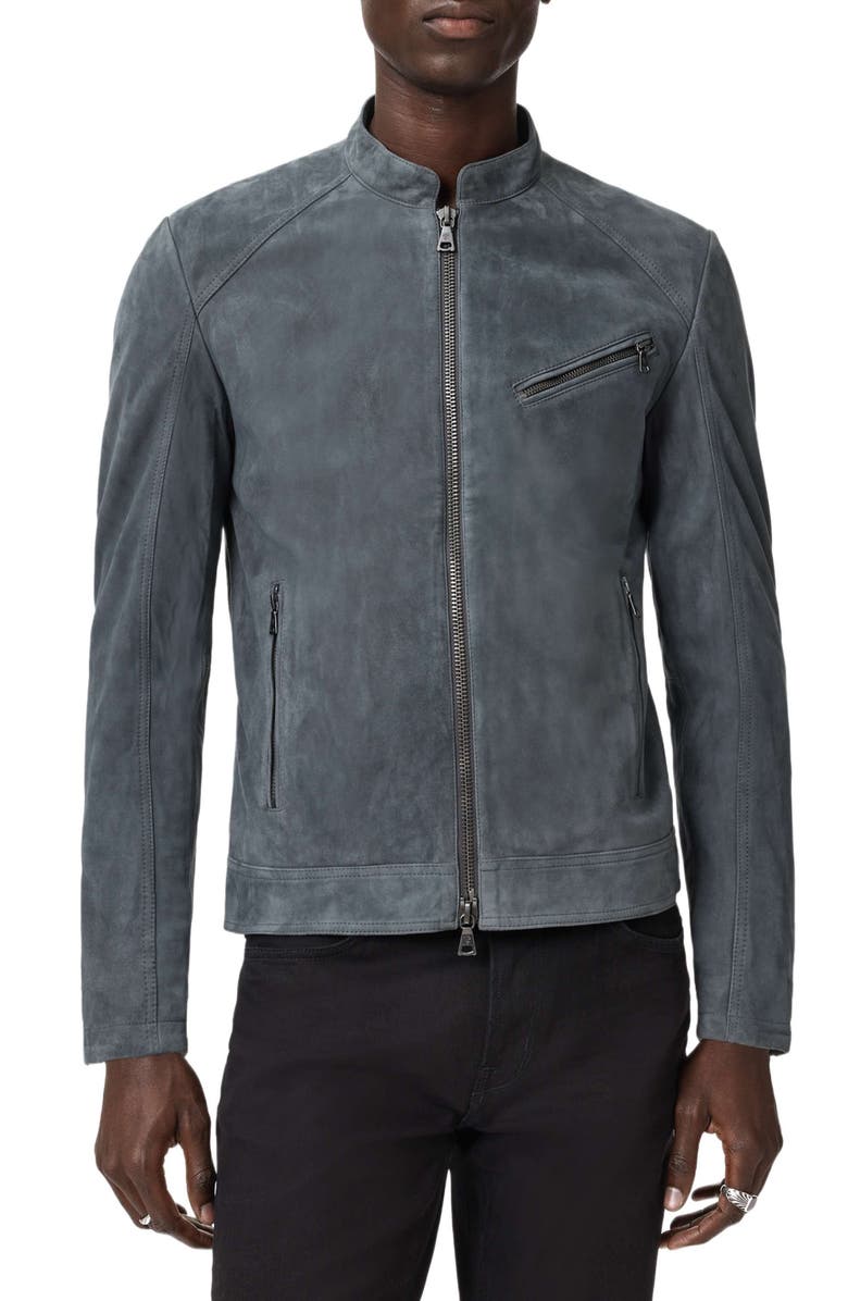 John Varvatos Wren Band Collar Suede Biker Jacket, Main, color, Deep Charcoal