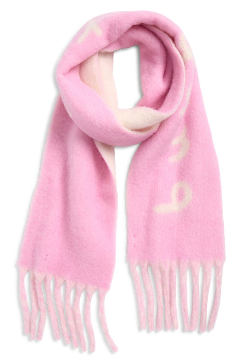 Logo Text Jacquard Reversible Alpaca & Wool Blend Fringe Scarf, Alternate, color, SUGAR PINK