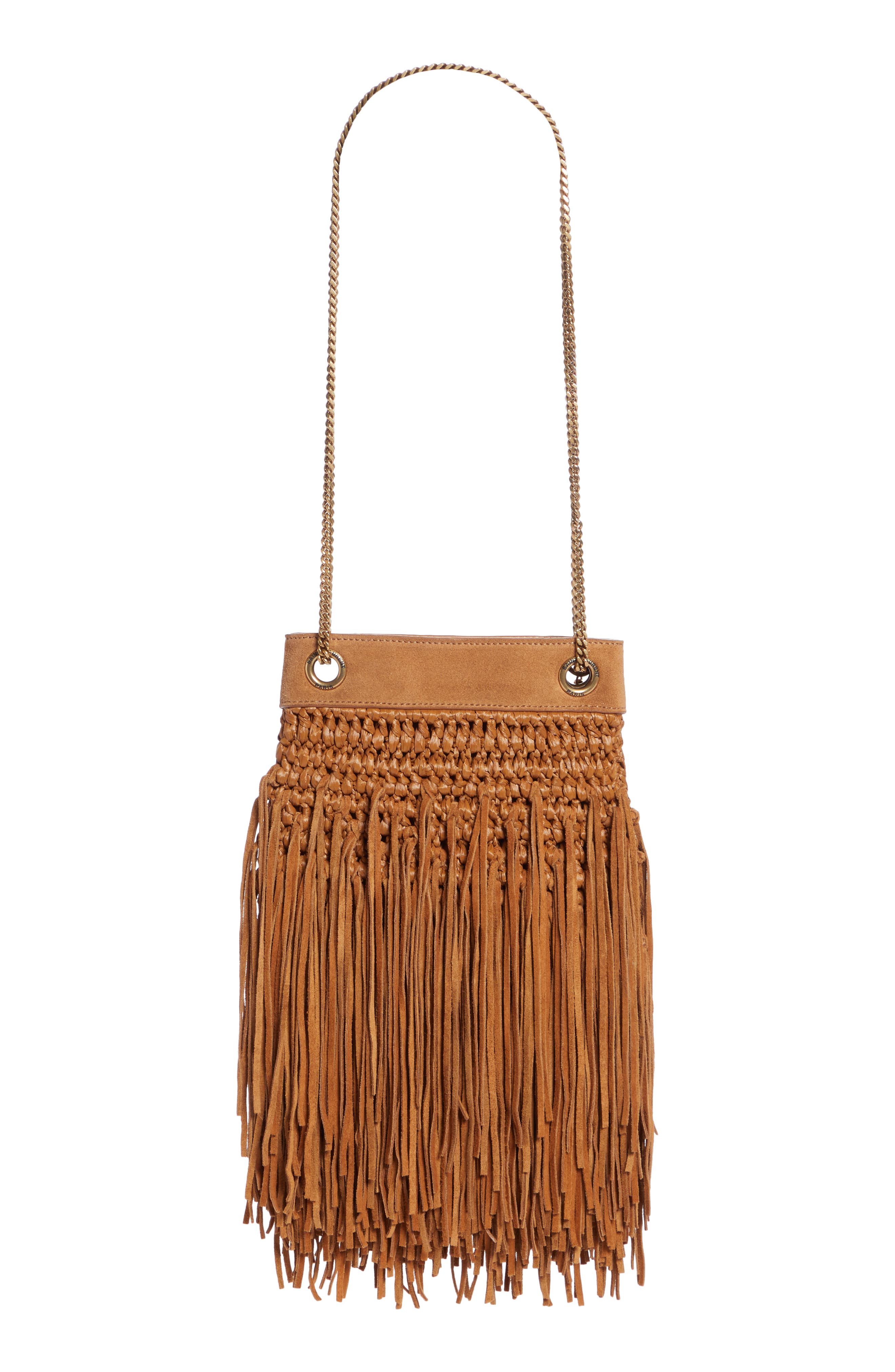 Saint Laurent Grace Raffia Suede Fringe Hobo, Alternate, color, 