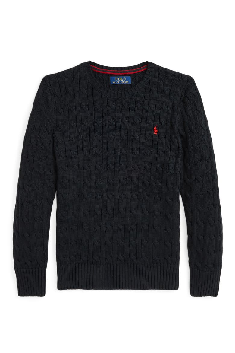 Kids' Cable Knit Combed Cotton Sweater, Main, color, BLACK