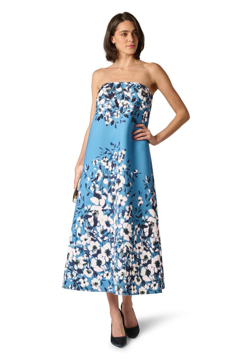 Print Strapless Scuba Trapeze Dress, Alternate, color, BLUE MULTI