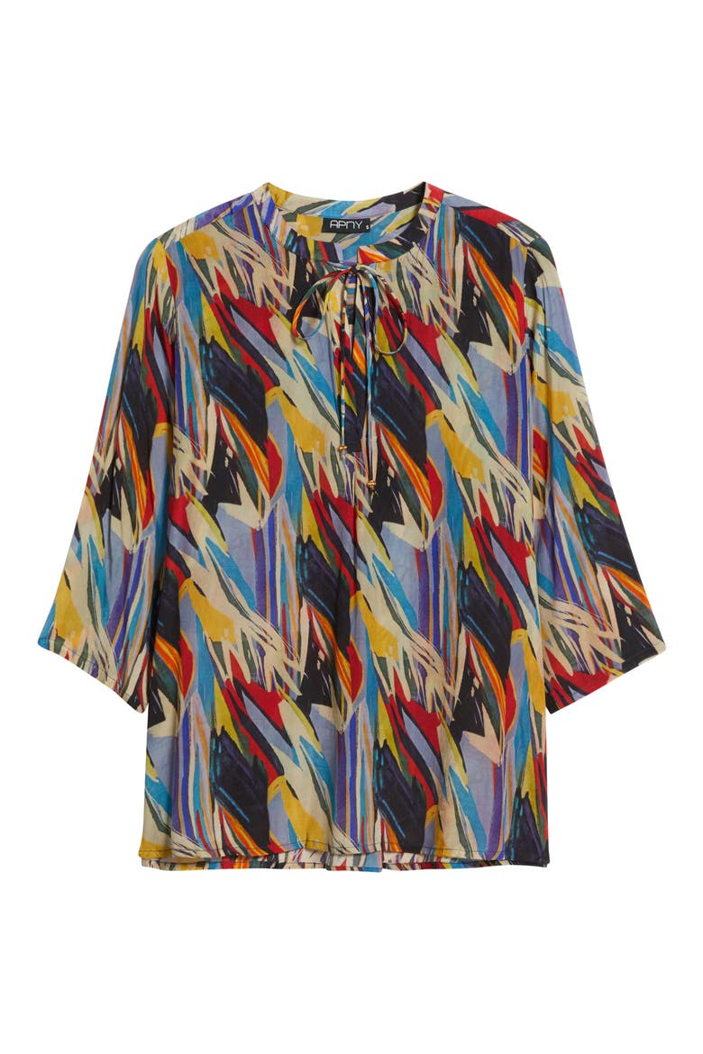 Print Tassel Split Neck Chiffon Top, Alternate, color, BLUE/ YELLOW MULTI