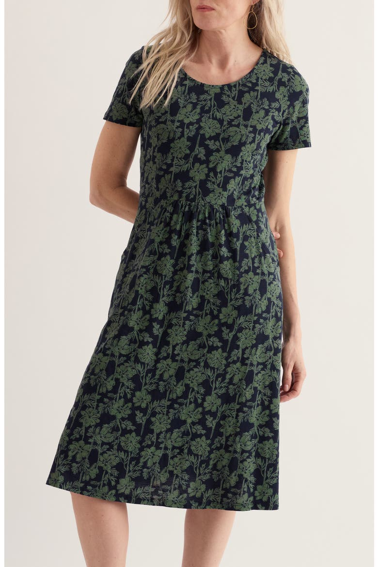 Enor Floral Print Organic Cotton Fit & Flare Midi Dress, Alternate, color, COSMOS STEMS MARITIME