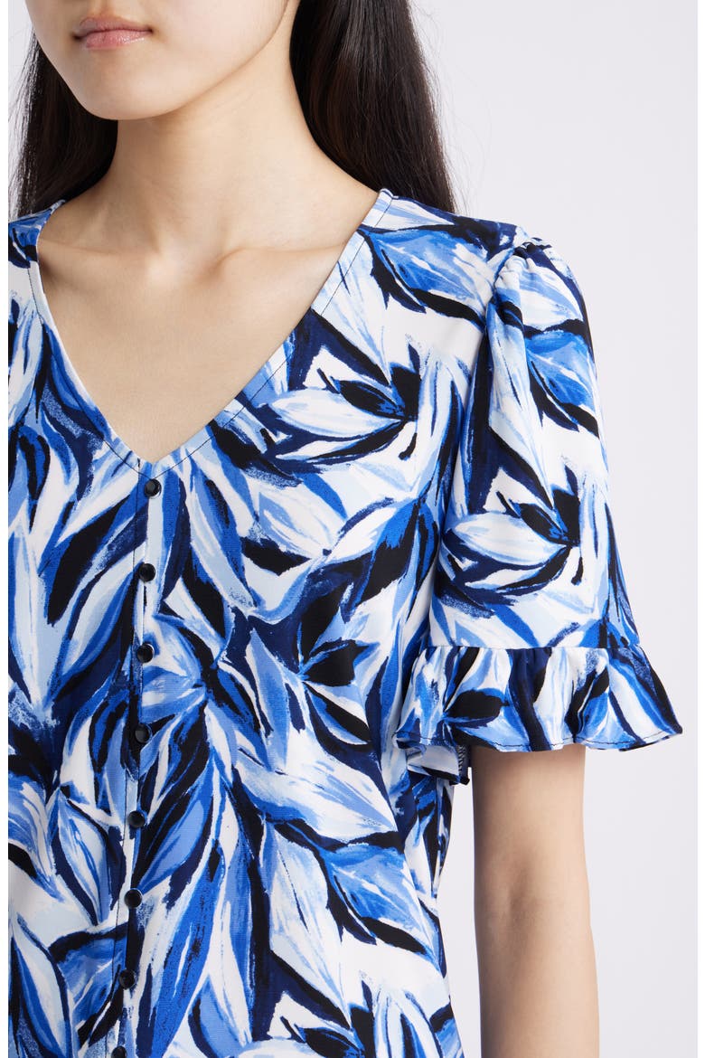 Ruffle Accent Short Sleeve Button-Up Shirt, Alternate, color, ANNE BLACK MULTI