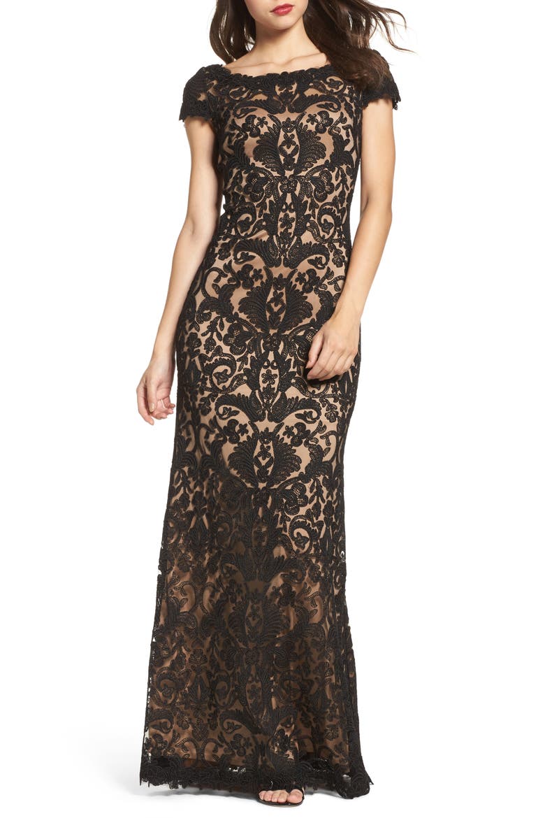 Illusion Yoke Gown, Main, color, BLACK/ NUDE