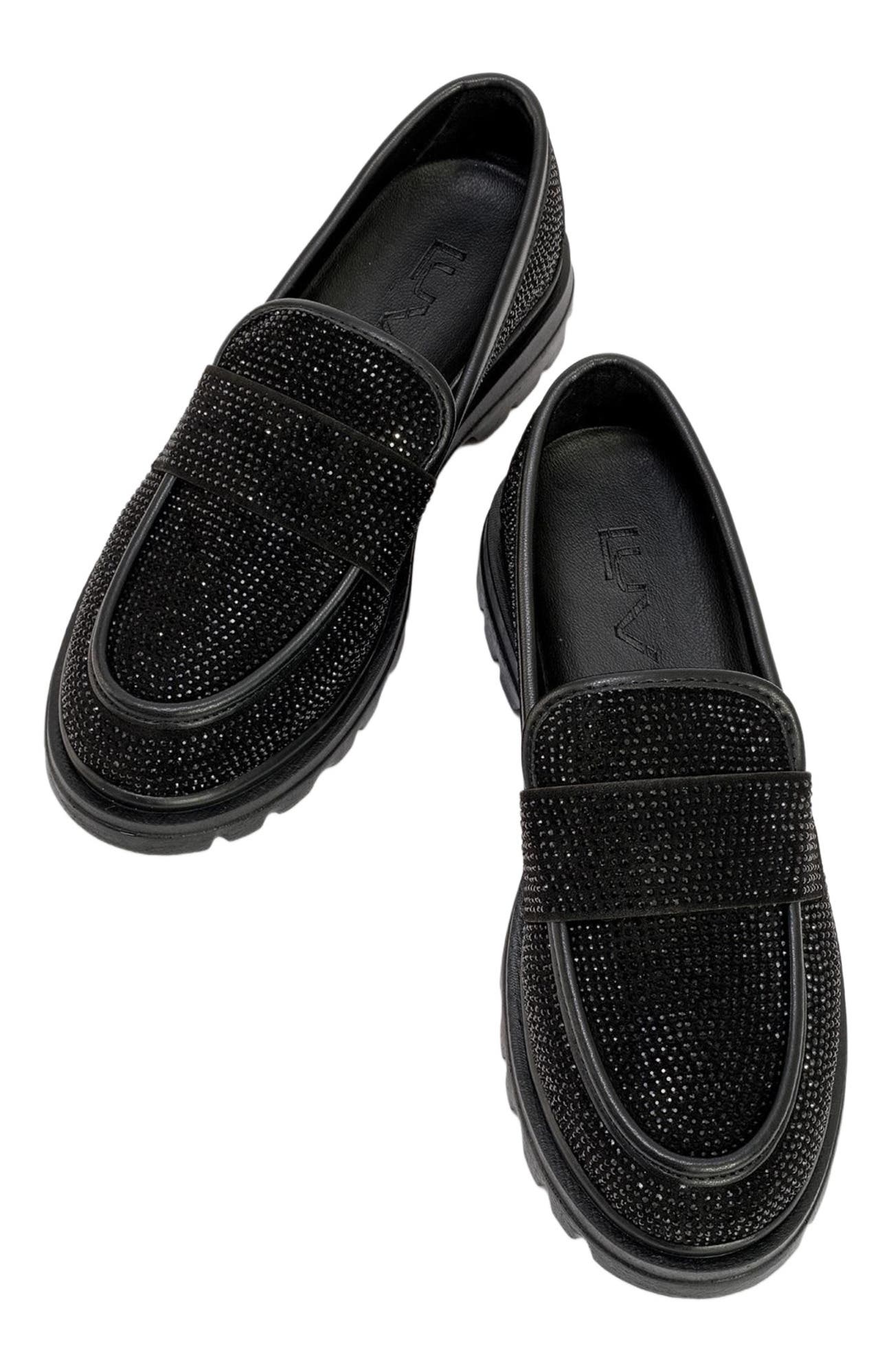 Prologue Shoes Babel Stone Embellished Suede Loafer, Alternate, color, Black Faux Leather