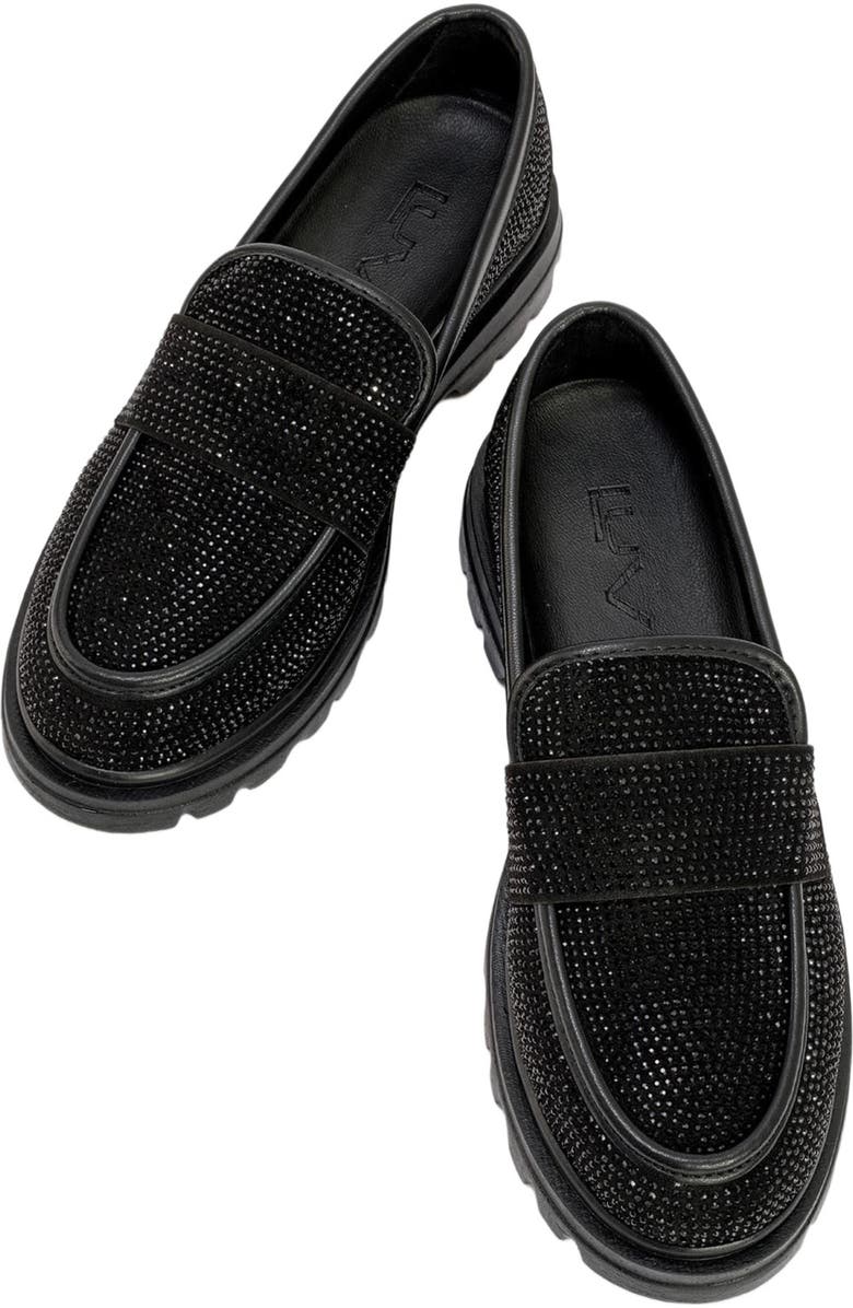 Prologue Shoes Babel Stone Embellished Suede Loafer, Alternate, color, Black Faux Leather