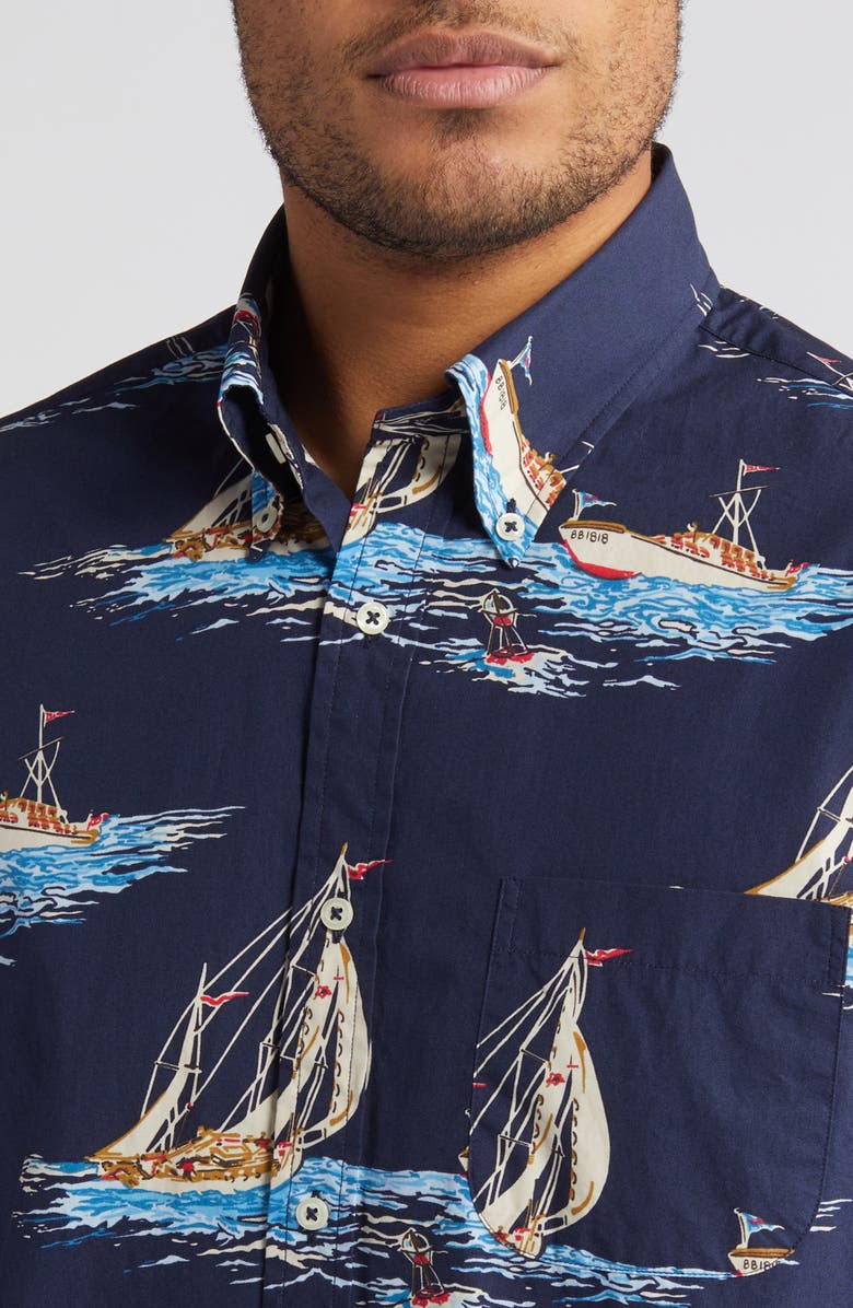 Brooks Brothers Regular Fit Sailboat Print Short Sleeve Button-Up Shirt, Alternate, color, 