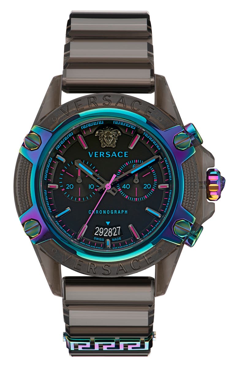 Versace Icon Active Chronograph Silicone Strap Watch, 44mm, Main, color, Black
