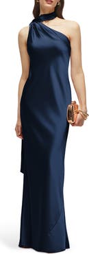 After Six Scarf Detail One-Shoulder Satin Charmeuse Column Gown