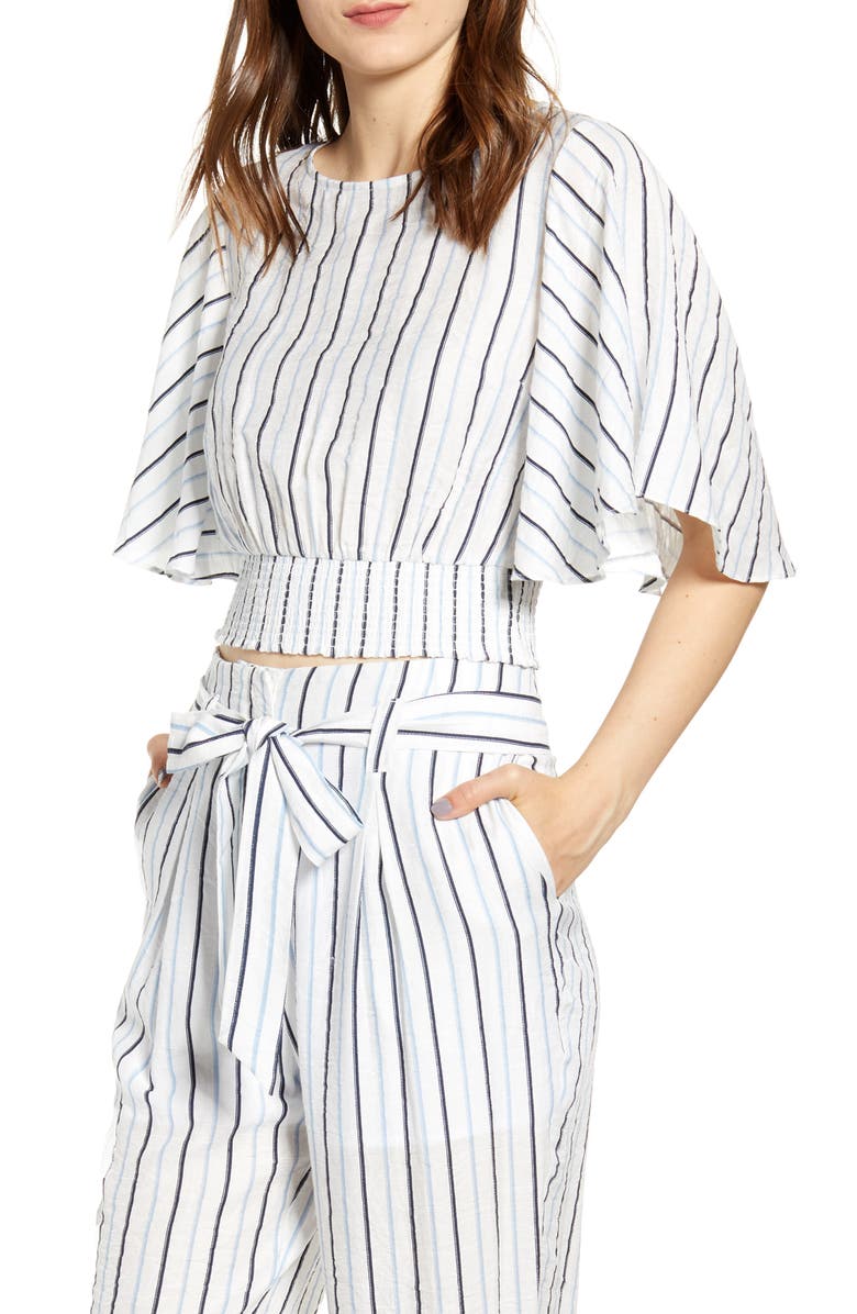 MOON RIVER Stripe Flutter Sleeve Crop Top, Main, color,