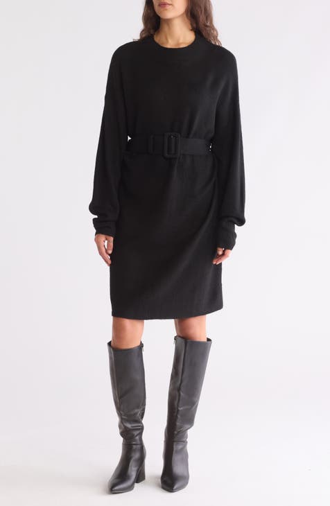 Dresden Ribbed Trim Belted Sweater Dress