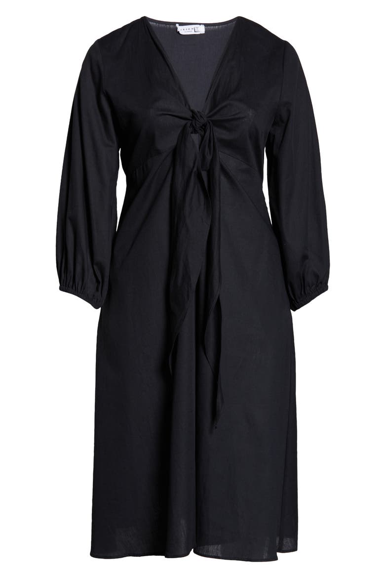 Novella Knot Front Long Sleeve Midi Dress, Alternate, color, BLACK
