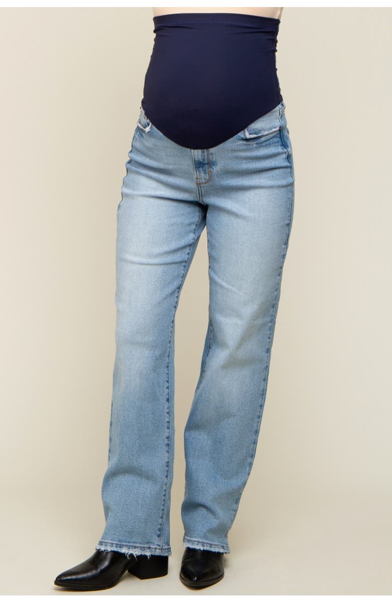 PinkBlush Straight Leg Distressed Hem Maternity Jeans, Main, color, Light Blue