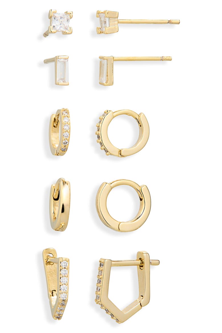 Set of 5 Cubic Zirconia Stud & Huggie Hoop Earrings, Alternate, color, CLEAR- GOLD