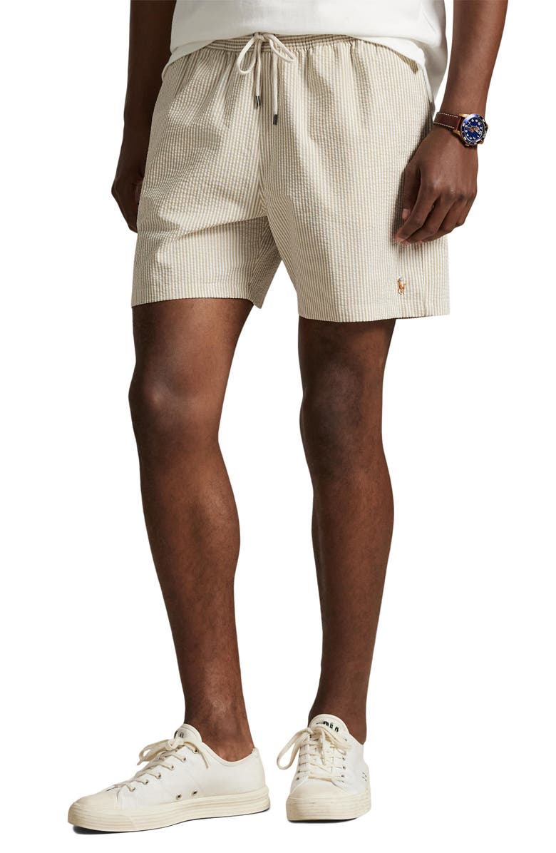 Polo Ralph Lauren Traveler Seersucker Swim Trunks, Main, color, Coastal Beige Seersucker