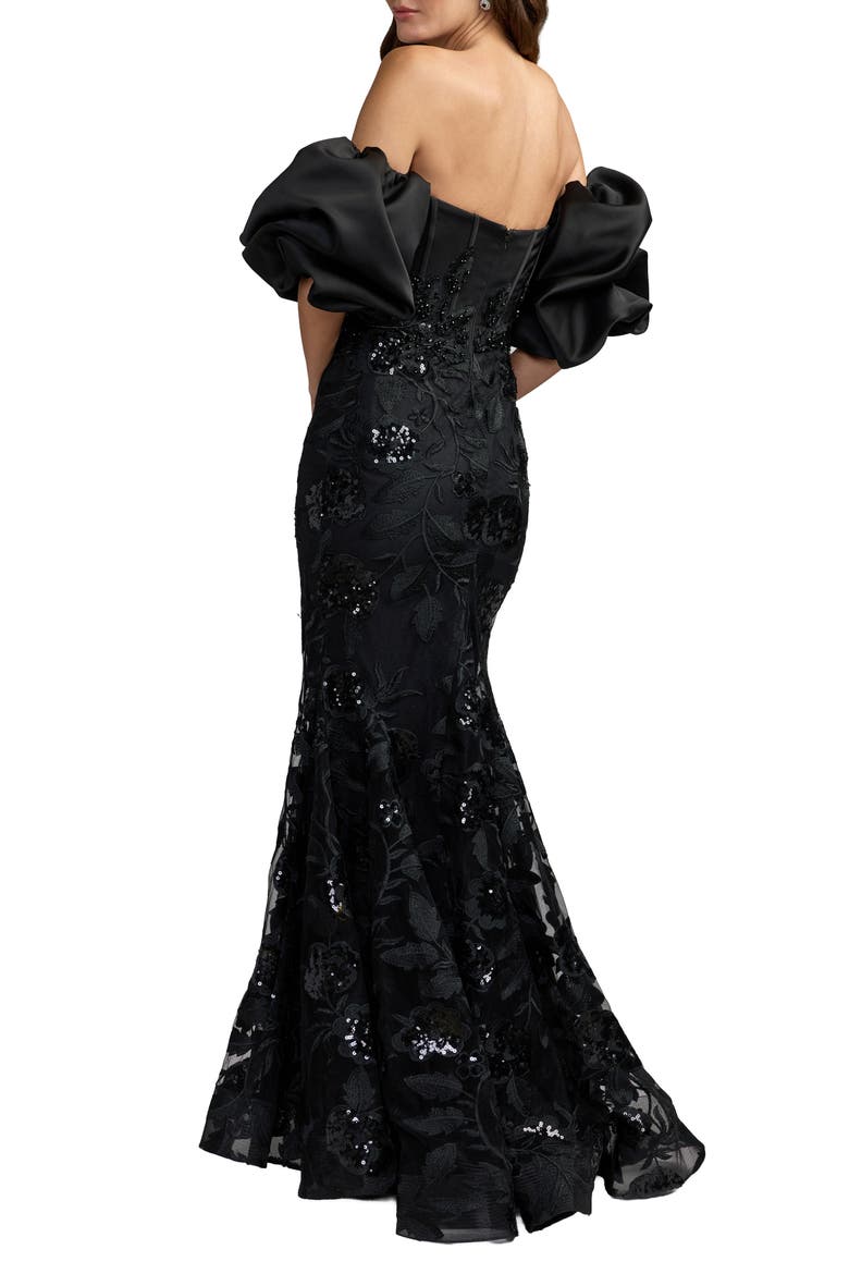 Satin Off The Shoulder Embroidered Mermaid Gown, Alternate, color, Black