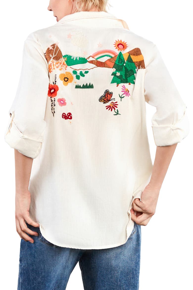 Happy Place Embroidered Denim Button-Up Shirt, Alternate, color, ICED LATTE
