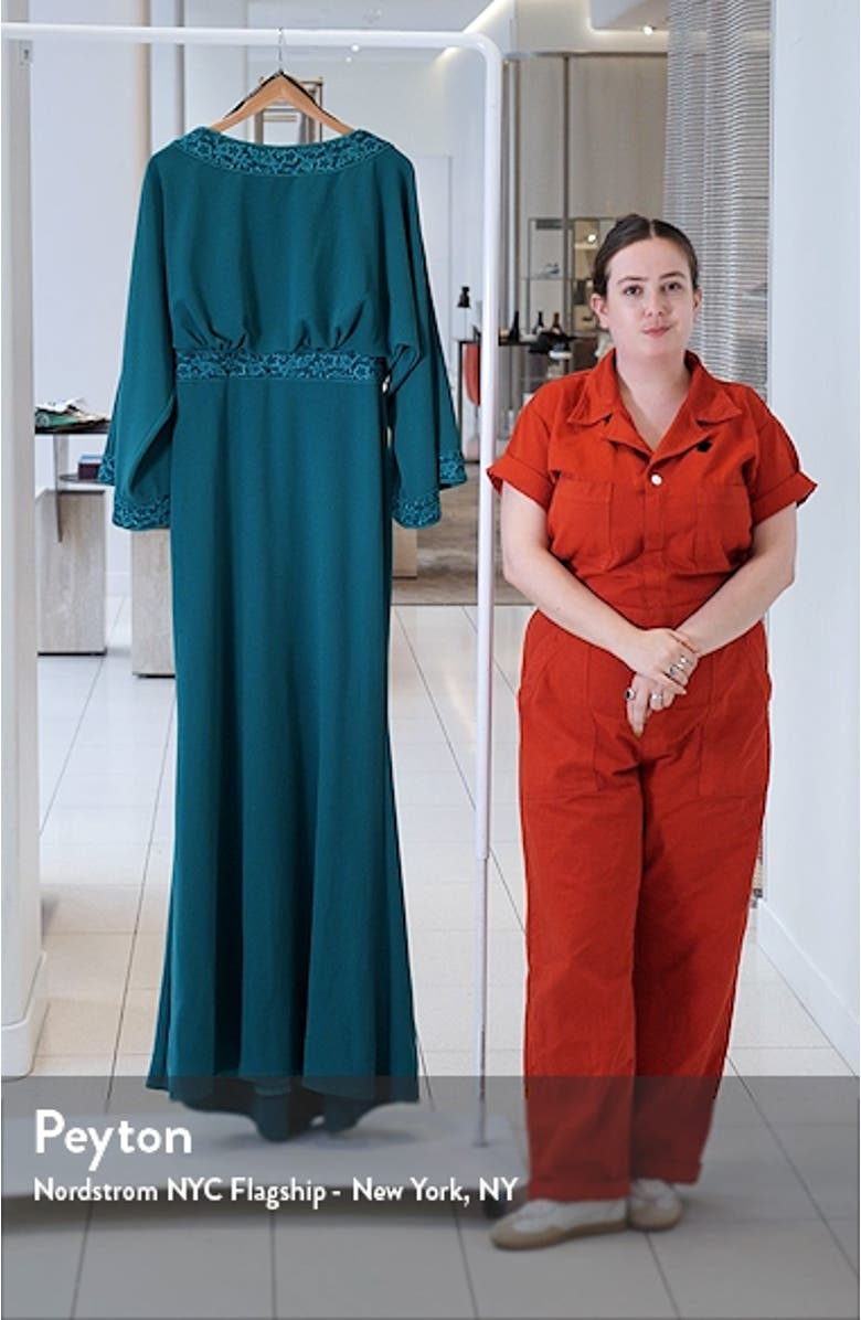 Drape Back Crepe Long Sleeve Gown, sales video thumbnail