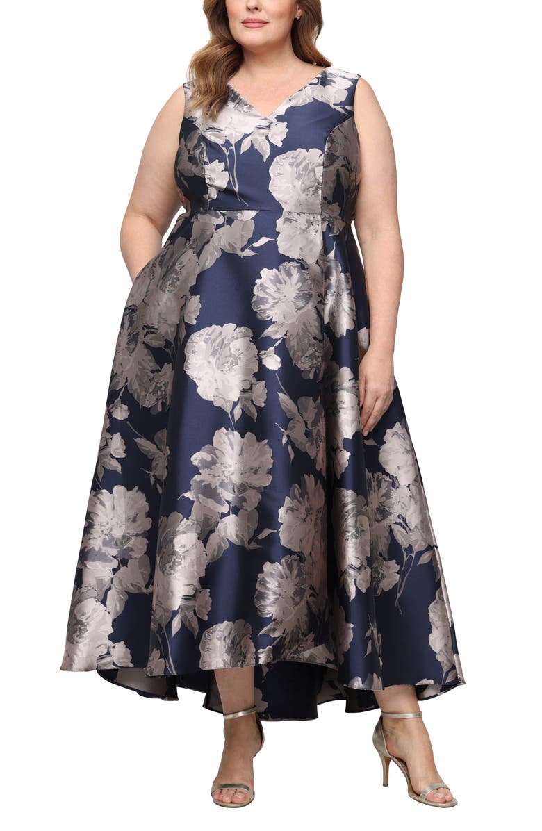 SL FASHIONS Floral Sleeveless Jacquard Gown, Main, color, Navy/ Taupe
