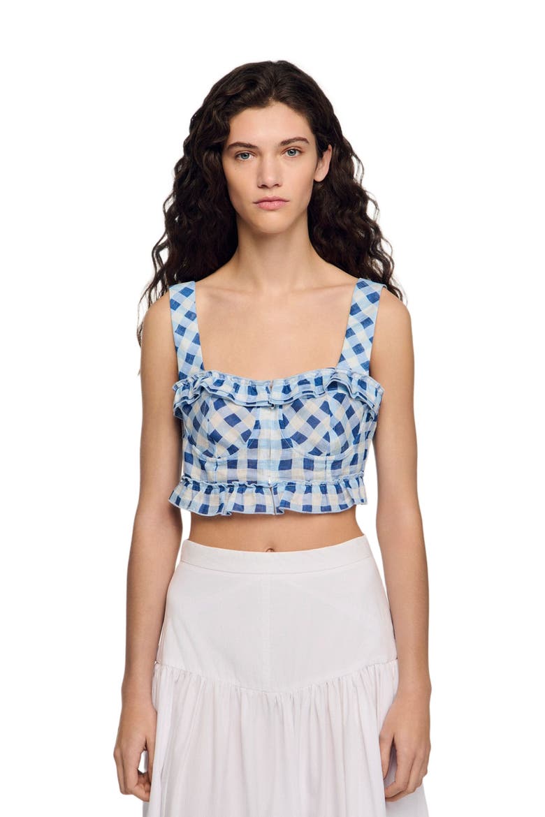Gingham linen crop top, Main, color, Blu / white