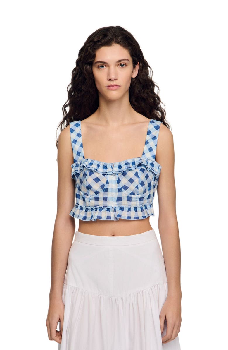 SANDRO Gingham linen crop top, Main, color, Blu / White